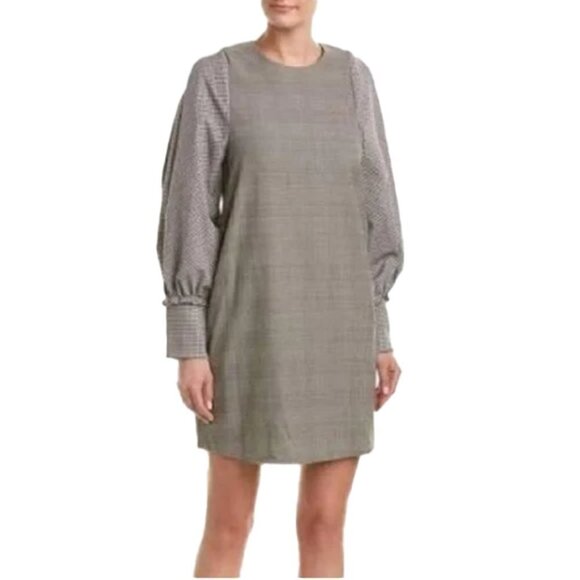 🆕 $298 BCBGMAXAZRIA SzS BALLON LONG SLEEVE SHIFT DRESS HOUNDSTOOTH BLACK MULTI - Picture 1 of 12